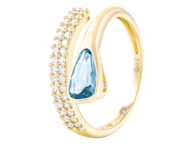14K Yellow Gold Diamond and Swiss Blue Topaz Bypass Ring, 0.27 CT