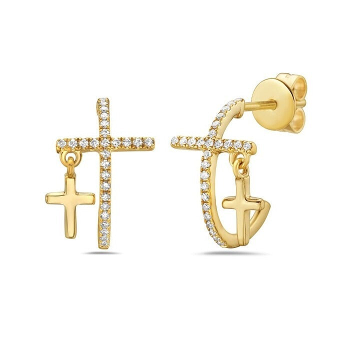 14K Yellow Gold 0.13 CTW Diamond Cross Earrings