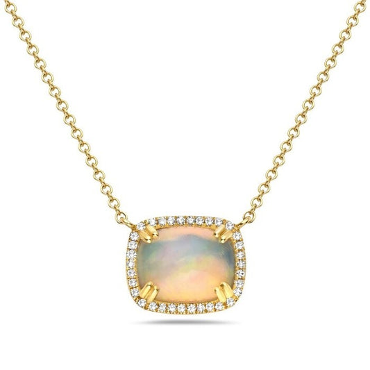 14K Yellow Gold 1.12 CT Opal Diamond Halo Necklace, 0.08 CTW