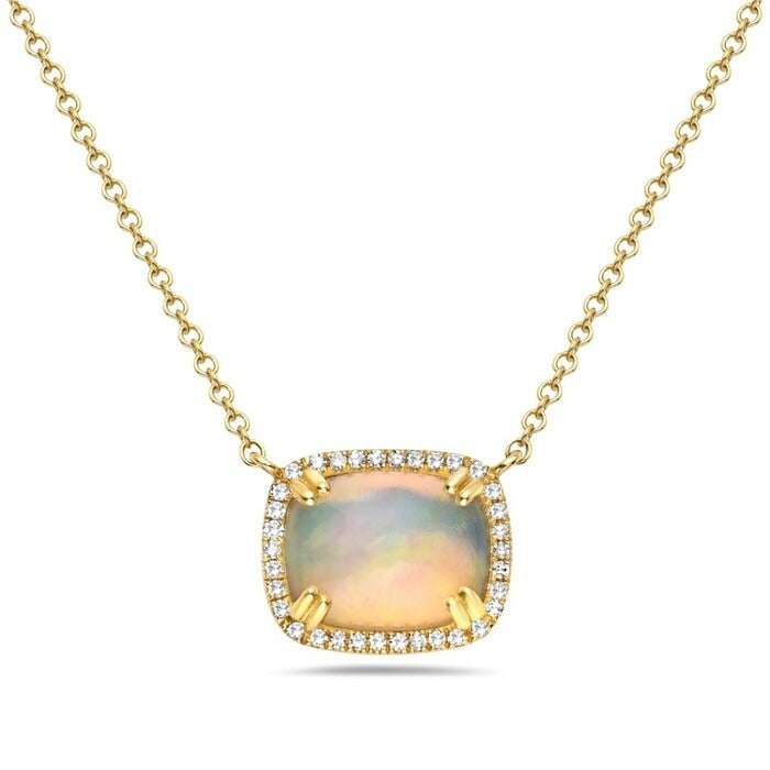 14K Yellow Gold 1.12 CT Opal Diamond Halo Necklace, 0.08 CTW