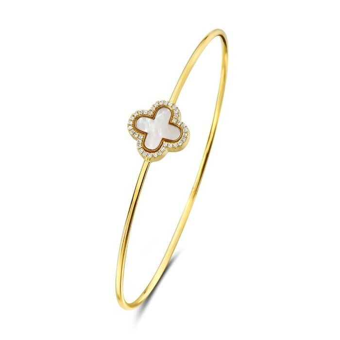 14K Yellow Gold Mother of Pearl Clover Diamond Bangle, 0.10 CTW