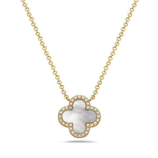 14K Yellow Gold Mother of Pearl Clover Necklace with 0.08 CTW Diamonds