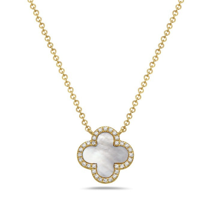 14K Yellow Gold Mother of Pearl Clover Necklace with 0.08 CTW Diamonds