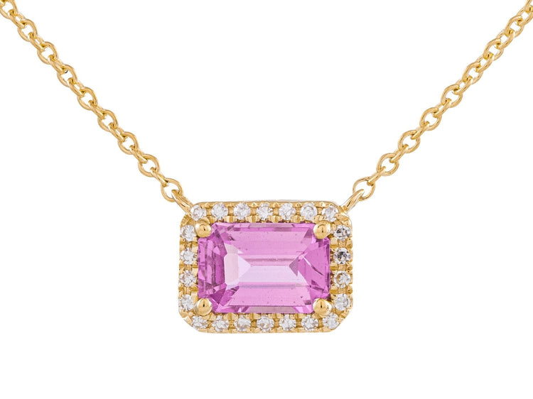 14K Yellow Gold Pink Sapphire Halo Necklace with 0.06 CT Diamonds, Adjustable 16-18 Inch