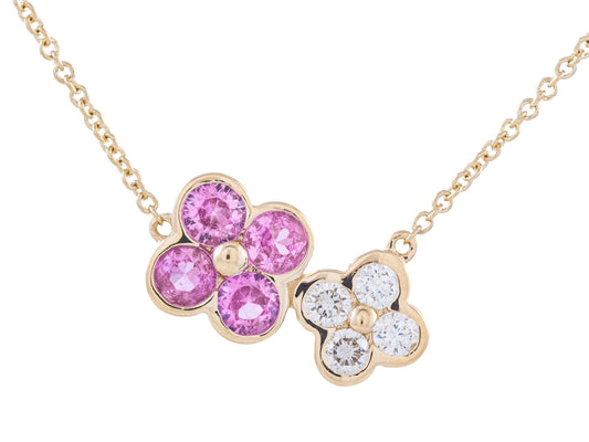 14K Yellow Gold Pink Sapphire and Diamond Pendant, 0.52 CTW Sapphire 0.18 CT Diamonds, Adjustable 16-18 Inch