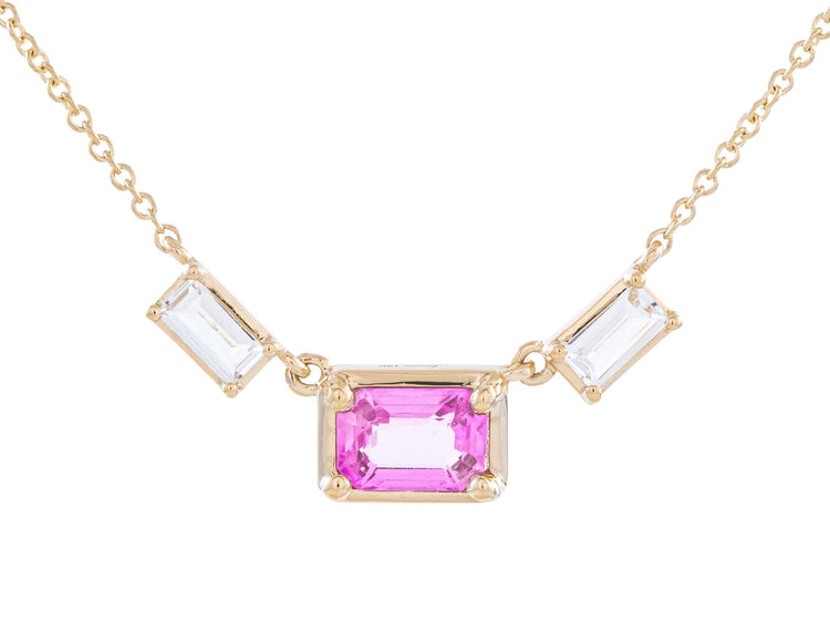 14K Yellow Gold Pink Sapphire and Topaz Pendant, 0.59 CT Sapphire, Adjustable 16-18 Inch