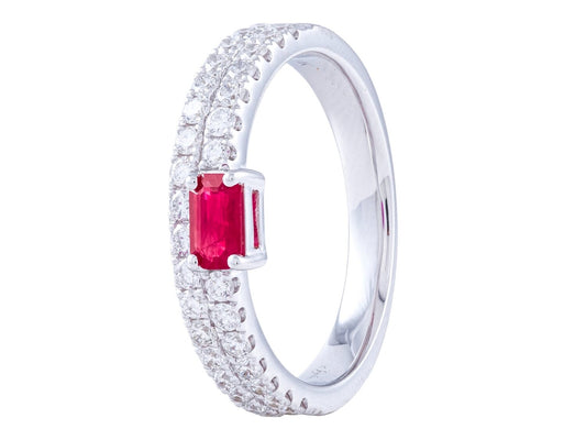 14K White Gold Double Row Diamond Band with 0.31 CT Ruby, 0.59 CTW Diamonds