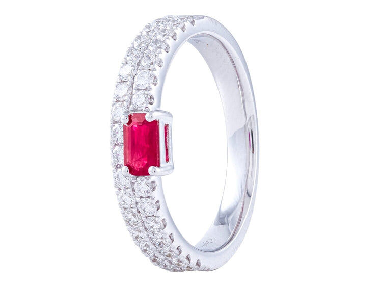14K White Gold Double Row Diamond Band with 0.31 CT Ruby, 0.59 CTW Diamonds