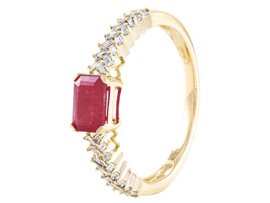 14K Yellow Gold Ruby Ring with 0.19 CTW Tapered Baguette Diamonds
