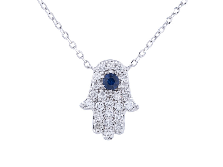 14K White Gold Sapphire and Diamond Hamsa Necklace, 0.21 CT Diamonds, Adjustable 16-18 Inch