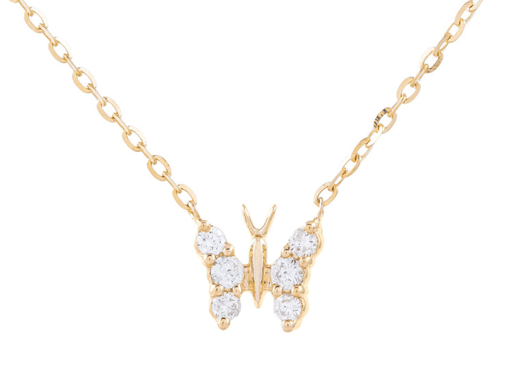 14K Yellow Gold 0.10 CTW Diamond Butterfly Pendant, Adjustable 16-18 Inch