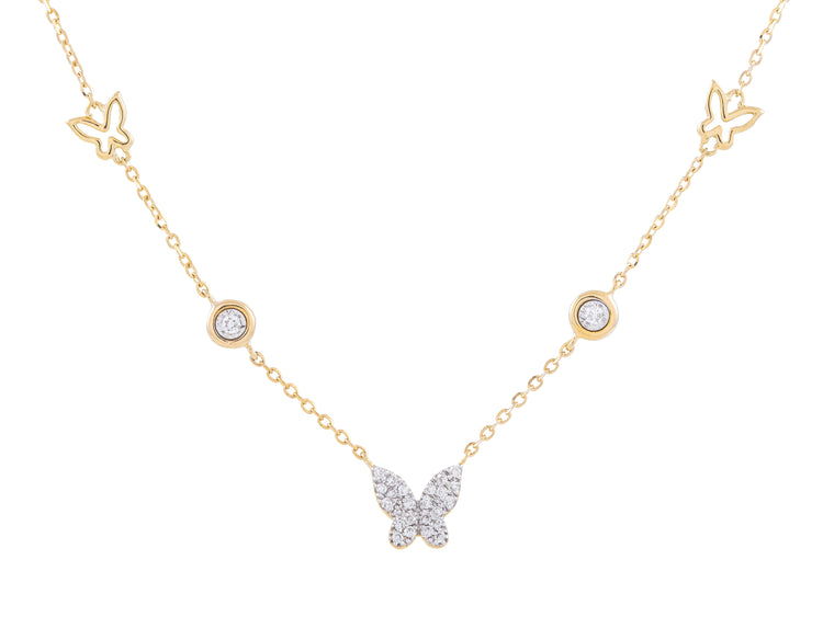14K Yellow Gold Bezel Diamond Butterfly Necklace, 0.10 CTW, Adjustable 16-18 Inch
