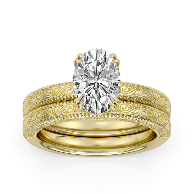 14k Yellow Gold Pattern Engagement Ring, TrueNorth 2.13 ct Oval Center, angled view