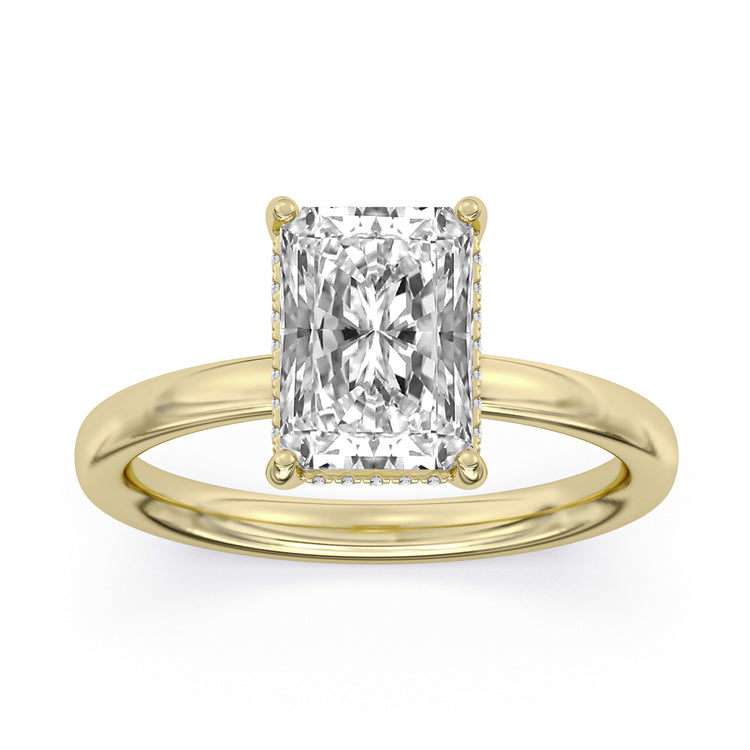 14k Yellow Gold Hidden Halo Engagement Ring, TrueNorth 2.07 ct Radiant Center, angled view