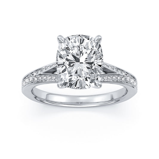 14k White Gold Split Shank Engagement Ring, TrueNorth 3 ct Elongated Cushion Center, angled view