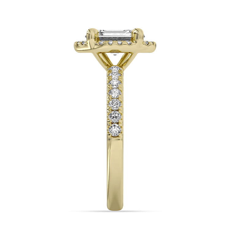14k Yellow Gold Halo Engagement Ring, TrueNorth 2.05 ct Radiant Center, profile view