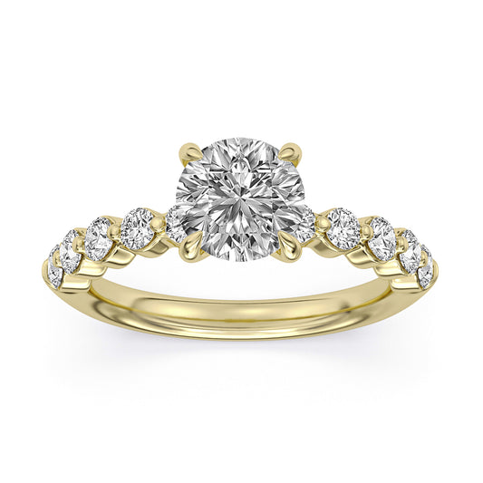 14k Yellow Gold Halo Engagement Ring, TrueNorth 1.5 ct Round Center, angled view