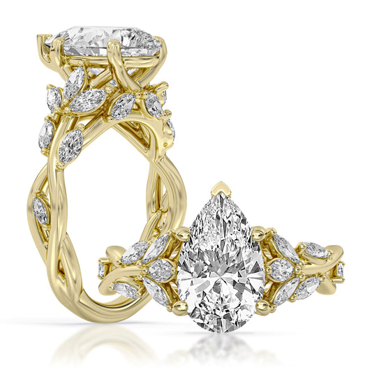 14k Yellow Gold Statement Engagement Ring, TrueNorth 3 ct Pear Center, with matching band