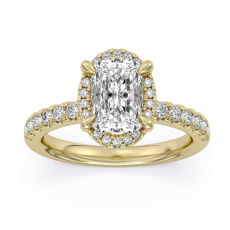 14k Yellow Gold Halo Engagement Ring, TrueNorth 2.05 ct Radiant Center, angled view