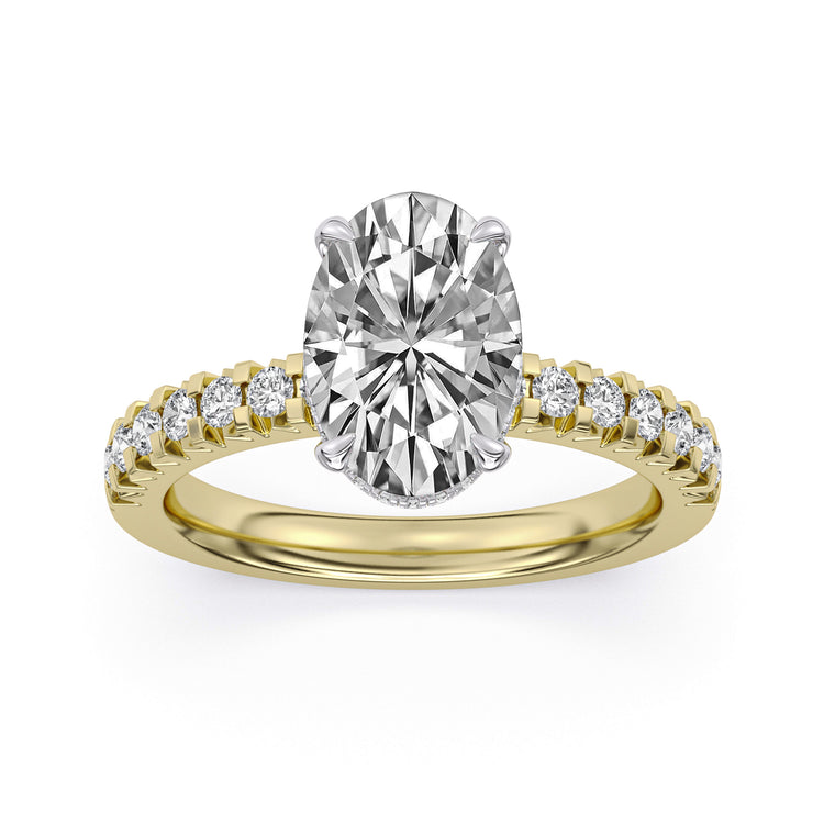 14k Yellow and White Gold Hidden Halo Engagement Ring with TrueNorth 100 Facet Lab-Grown Diamond 2.50 ct Oval Center