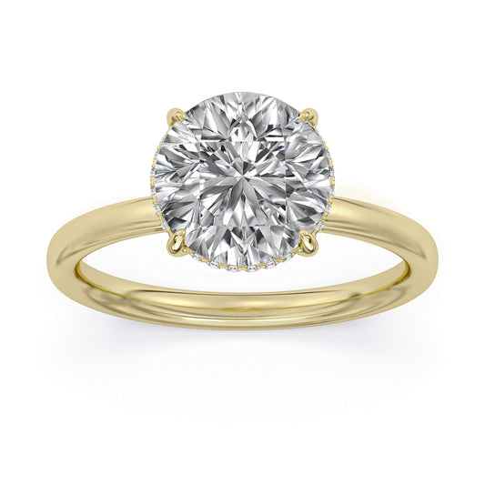 14k Yellow and White Gold Hidden Halo Solitaire Engagement Ring, TrueNorth 2 ct Round Center, angled view