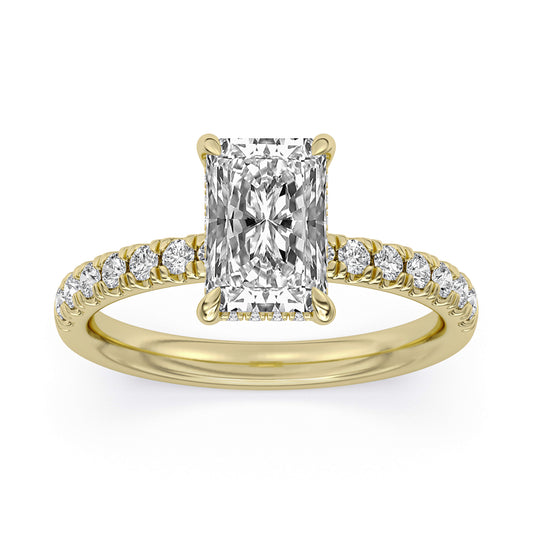 14k Yellow Gold Hidden Halo Engagement Ring with Diamond Shank, TrueNorth 2 ct Radiant Center, angled view