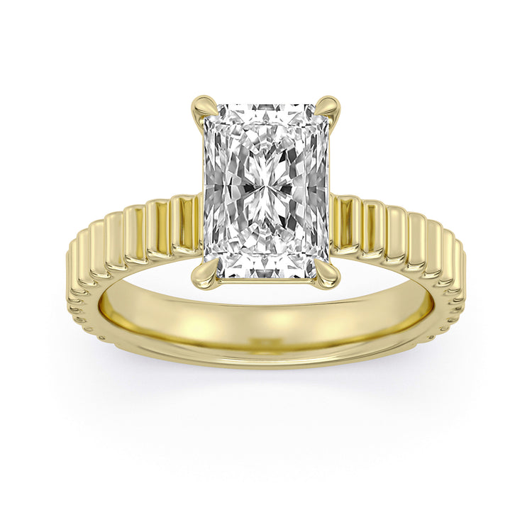 14k Yellow Gold Solitaire Engagement Ring, TrueNorth 2.60 ct Radiant Center, angled view