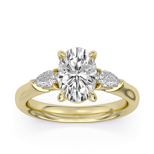 14k Yellow Gold Three-Stone Engagement Ring, TrueNorth 2 ct Oval Center, angled view