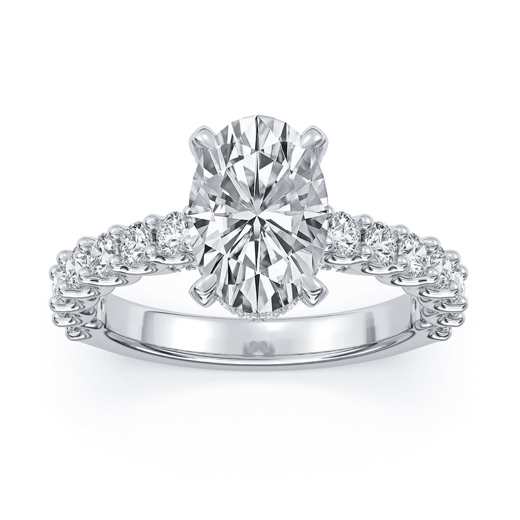 14k White Gold Hidden Halo Engagement Ring with TrueNorth 2.50 ct Oval Center, angled view