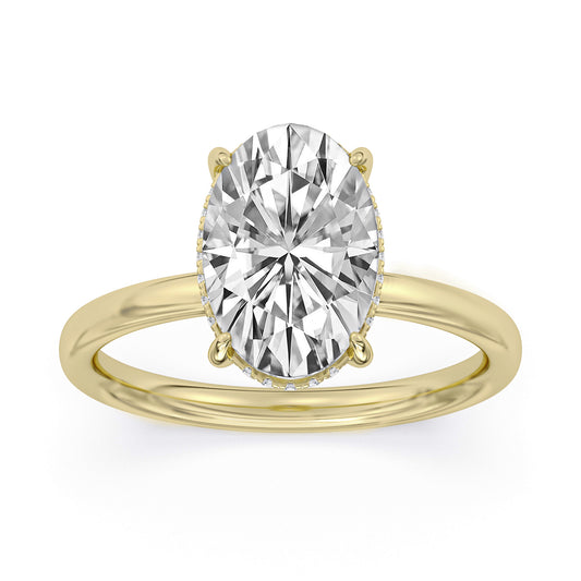 14k Yellow and White Gold Oversized Hidden Halo Solitaire Engagement Ring, TrueNorth 4 ct Oval Center, angled view