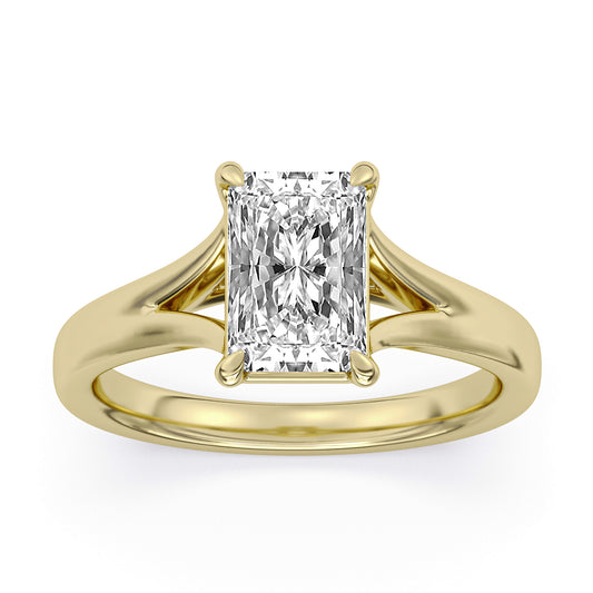 14k Yellow Gold Split Shank Engagement Ring, TrueNorth 2 ct Radiant Center, angled view