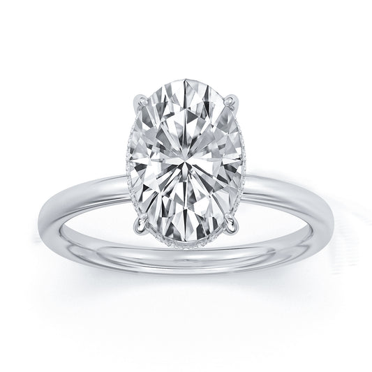 14k White Gold Hidden Halo Solitaire Engagement Ring, TrueNorth 3 ct Oval Center, angled view