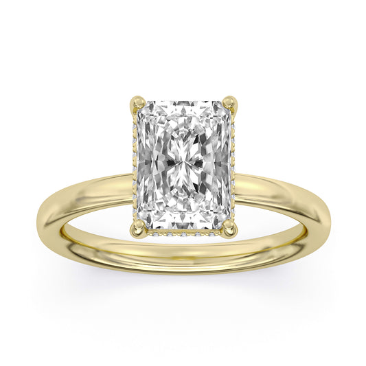 14k Yellow and White Gold Oversized Hidden Halo Solitaire Engagement Ring, TrueNorth 4 ct Radiant Center, angled view