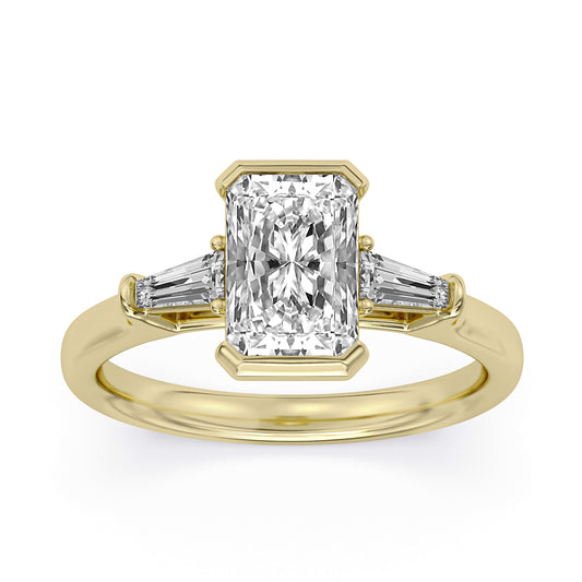14k Yellow Gold Three-Stone Engagement Ring, TrueNorth 2 ct Radiant Center, angled view