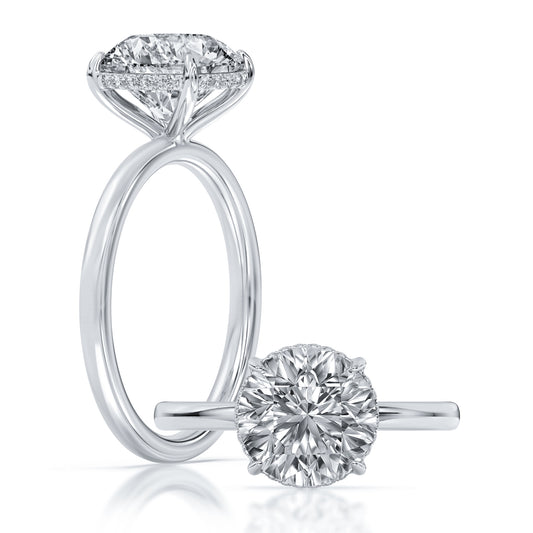 14k White Gold Hidden Halo Solitaire Engagement Ring, TrueNorth 3 ct Round Center, with matching band