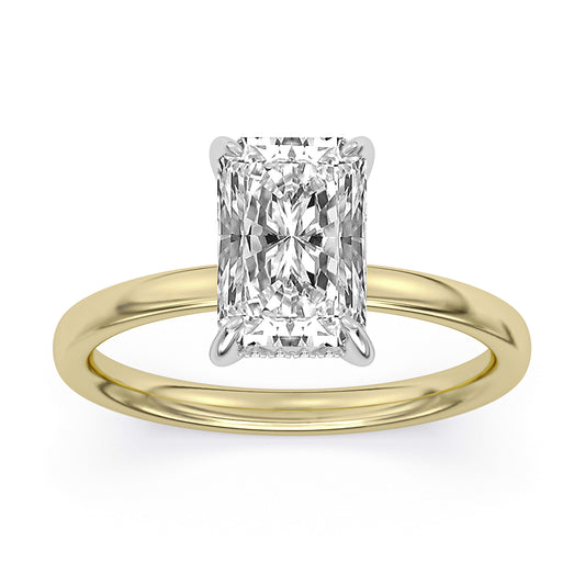 14k Yellow and White Gold Hidden Halo Solitaire Engagement Ring, TrueNorth 2.5 ct Emerald Center, angled view