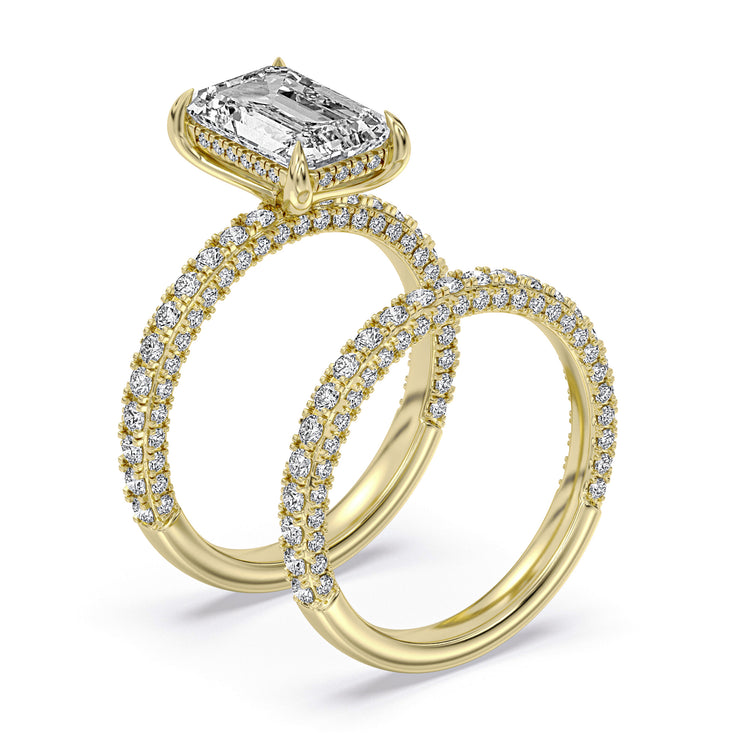 14k Yellow and White Gold Hidden Halo Engagement Ring, TrueNorth 3.08 ct Emerald Cut Center, three-quarter view