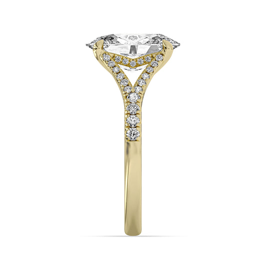 14k Yellow Gold Split Shank Hidden Halo Engagement Ring, TrueNorth 3.10 ct Oval Center, profile view