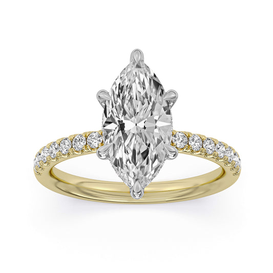 14k Yellow and White Gold Hidden Halo Engagement Ring with Diamond Shank, TrueNorth 2.5 ct Marquise Center, angled view