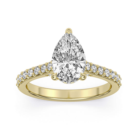 14k Yellow Gold Cathedral Engagement Ring, TrueNorth 2 ct Pear Center, angled view