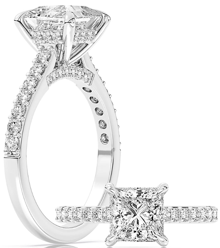 14k White Gold Cathedral Engagement Ring Set With Certified TrueNorth 100 Facet Lab-Grown Diamond 2 ct Princess Center