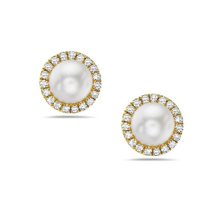 14K Yellow Gold Freshwater Pearl Diamond Halo Earrings, 0.08 CTW