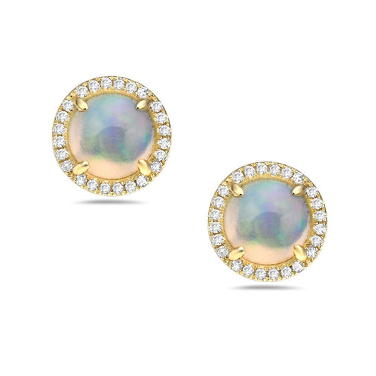 14K Yellow Gold Opal and Diamond Halo Stud Earrings 1.06 CTW