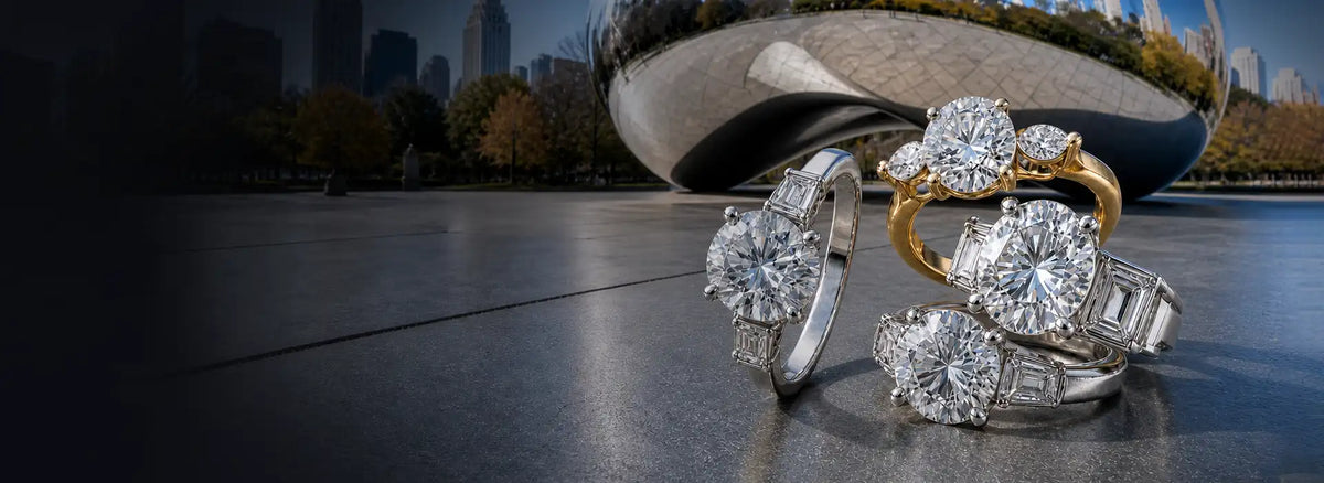 Diamond engagement rings with the Chicago Bean and skyline — Lustig Jewelers
