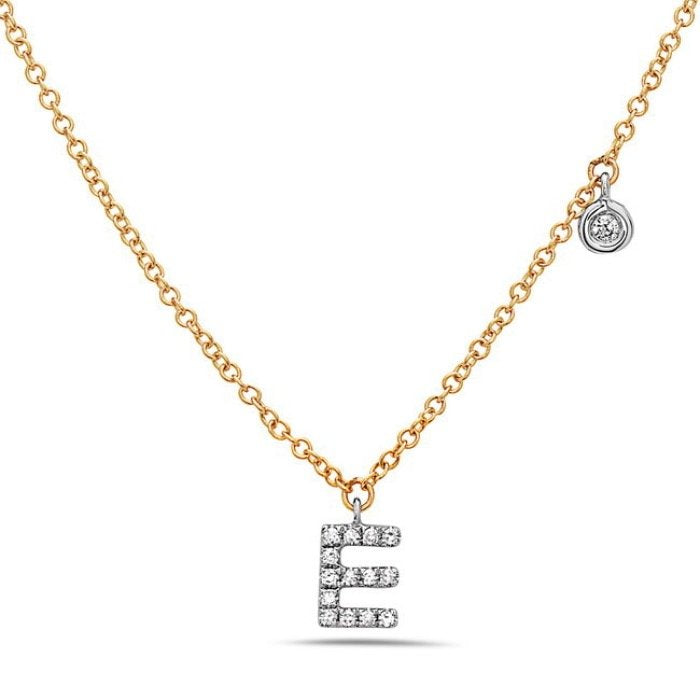 14K Yellow and White Gold Diamond Initial E Necklace, 0.07 CTW
