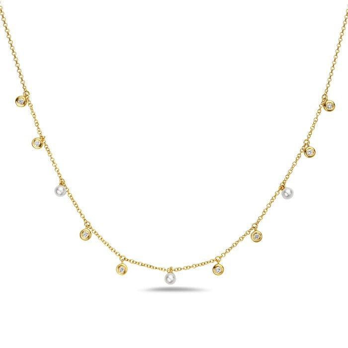 14K Yellow Gold Three Freshwater Pearl Necklace with 0.15 CTW Bezel Diamonds