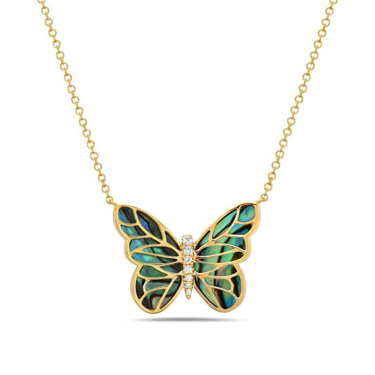 14K Yellow Gold Abalone and Diamond Butterfly Necklace 1.62 CTW