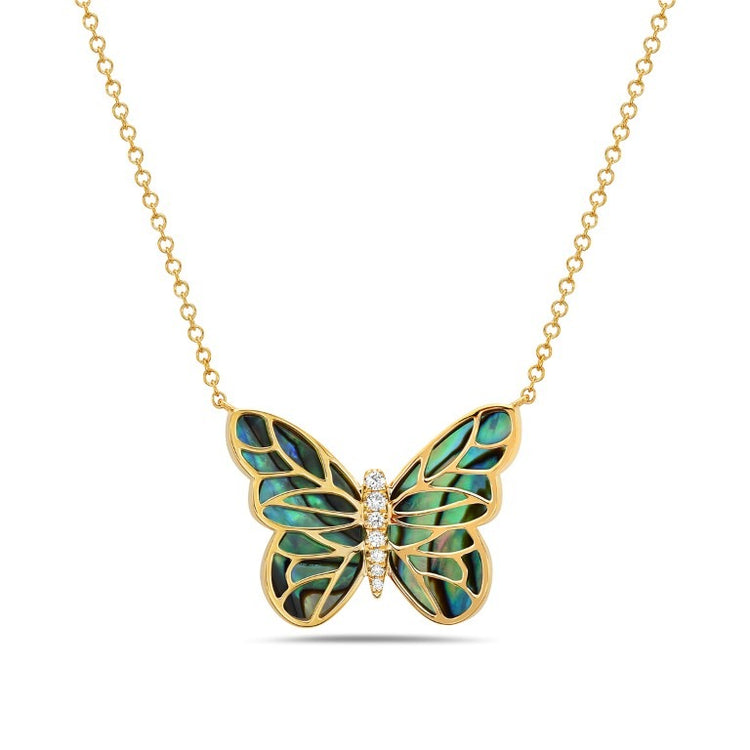 14K Yellow Gold Abalone and Diamond Butterfly Necklace 1.62 CTW