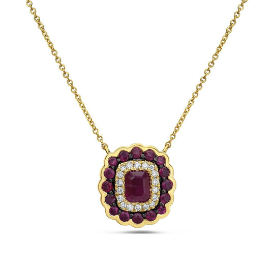 14K Yellow Gold Ruby and Diamond Halo Necklace 1.18 CTW