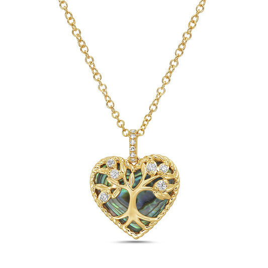 14K Yellow Gold Abalone and Diamond Heart Necklace 1.10 CTW